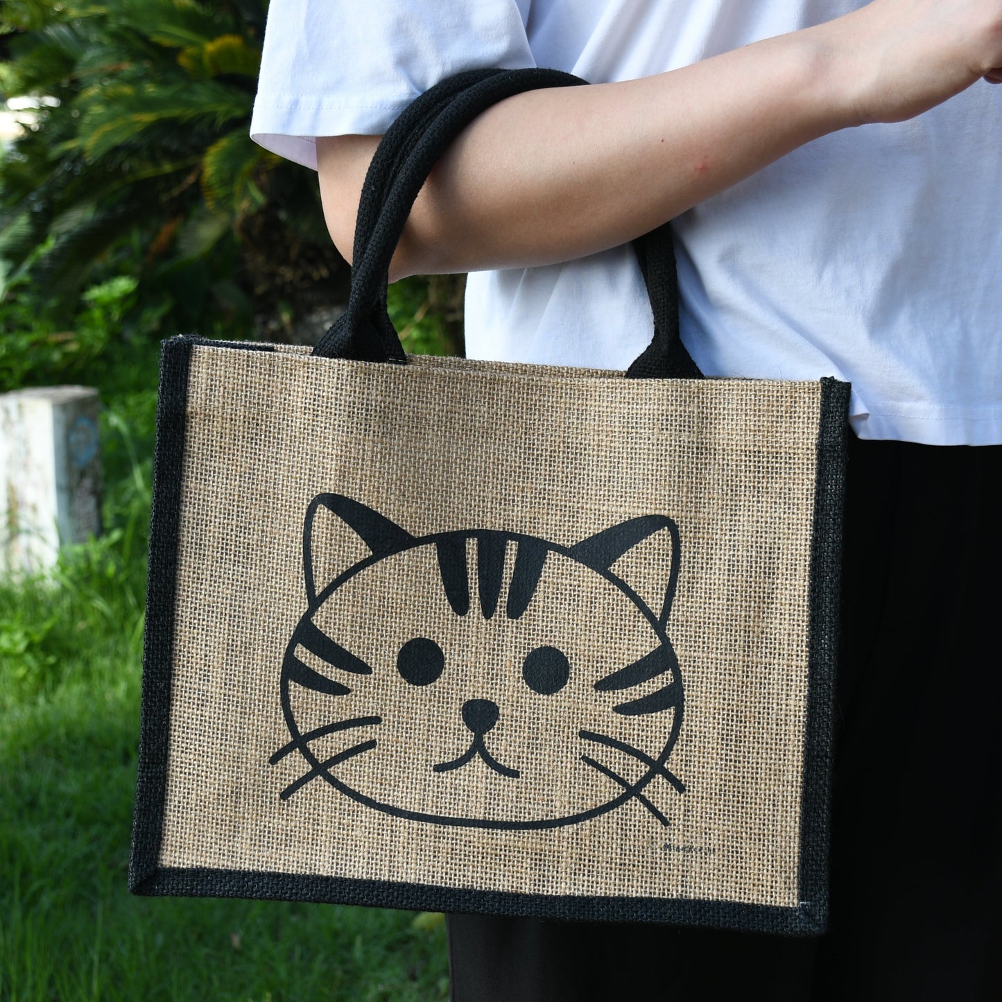 天然手工黃麻袋 黑白動物系列 - 小貓(大號)