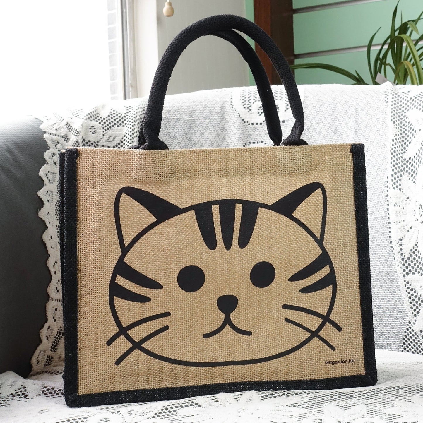 天然手工黃麻袋 黑白動物系列 - 小貓(大號)