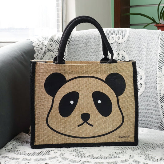 天然手工黃麻袋 黑白動物系列 - 熊貓(大號)