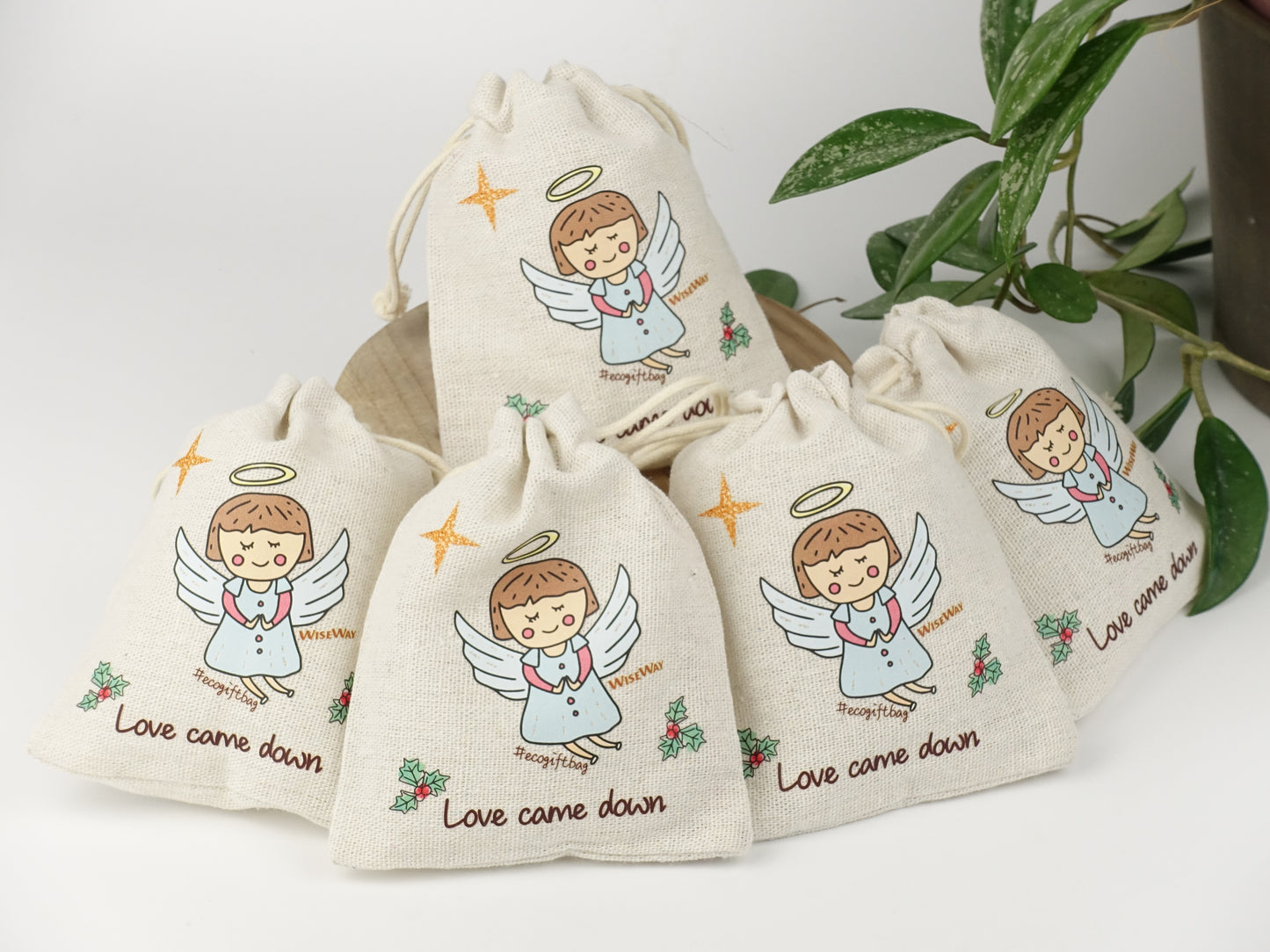 天然手工棉麻抽繩袋 聖誕系列 - Angel(小號)