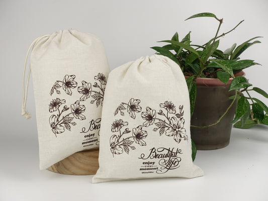 天然手工棉麻抽繩袋 自然系列 - Beautiful Life(大號)