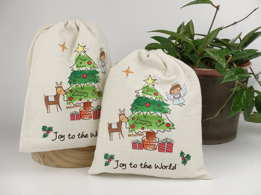 天然手工棉麻抽繩袋 聖誕系列 - Joy To The World(大號)