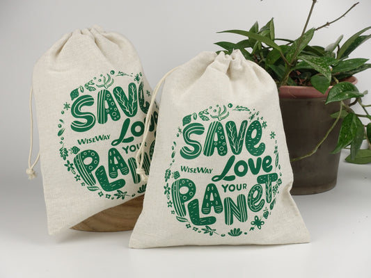 天然手工棉麻抽繩袋 自然系列 - Save Planet（大號）